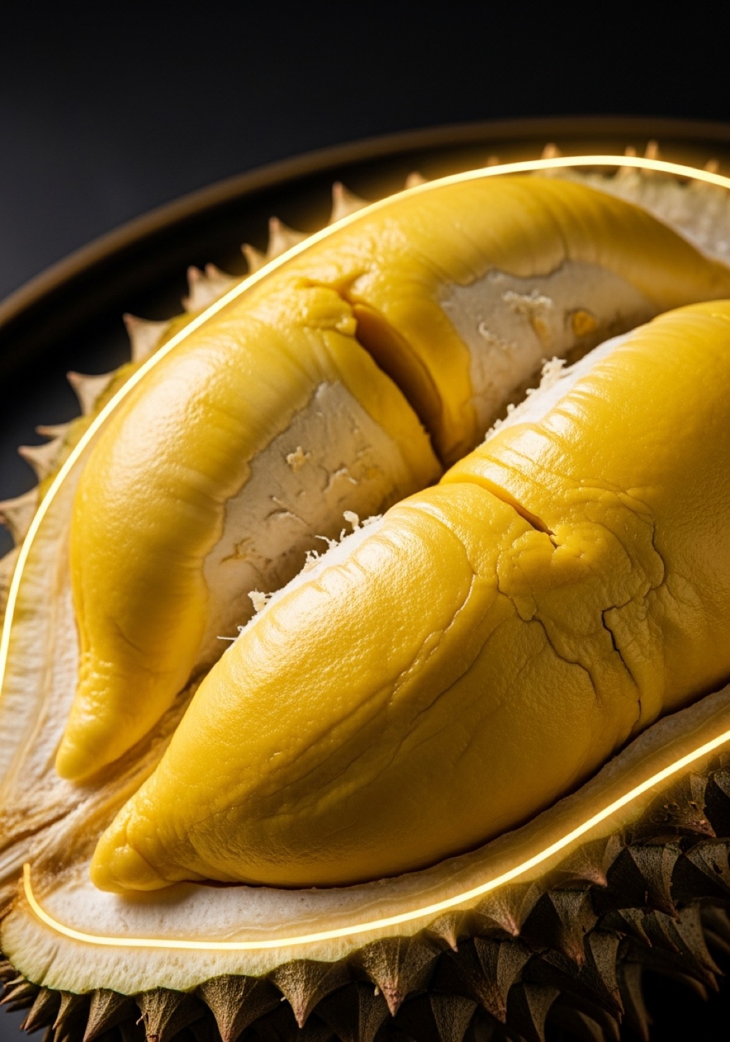 Freshly opened Mao Shan Wang durian, golden creamy flesh
